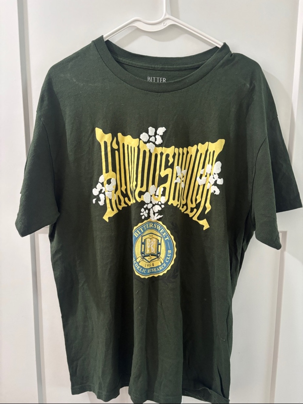 Pact Men's Olive Green Graphic Short Sleeve Tee with Yellow White Print